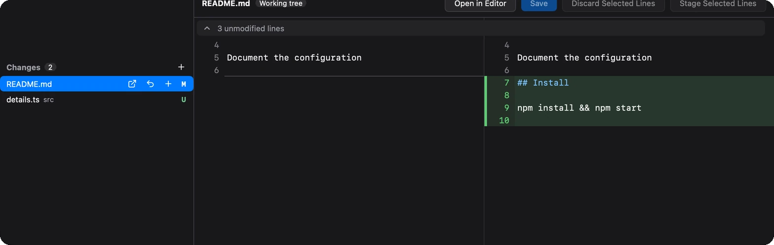 Staging selected lines and editing a file in the diff