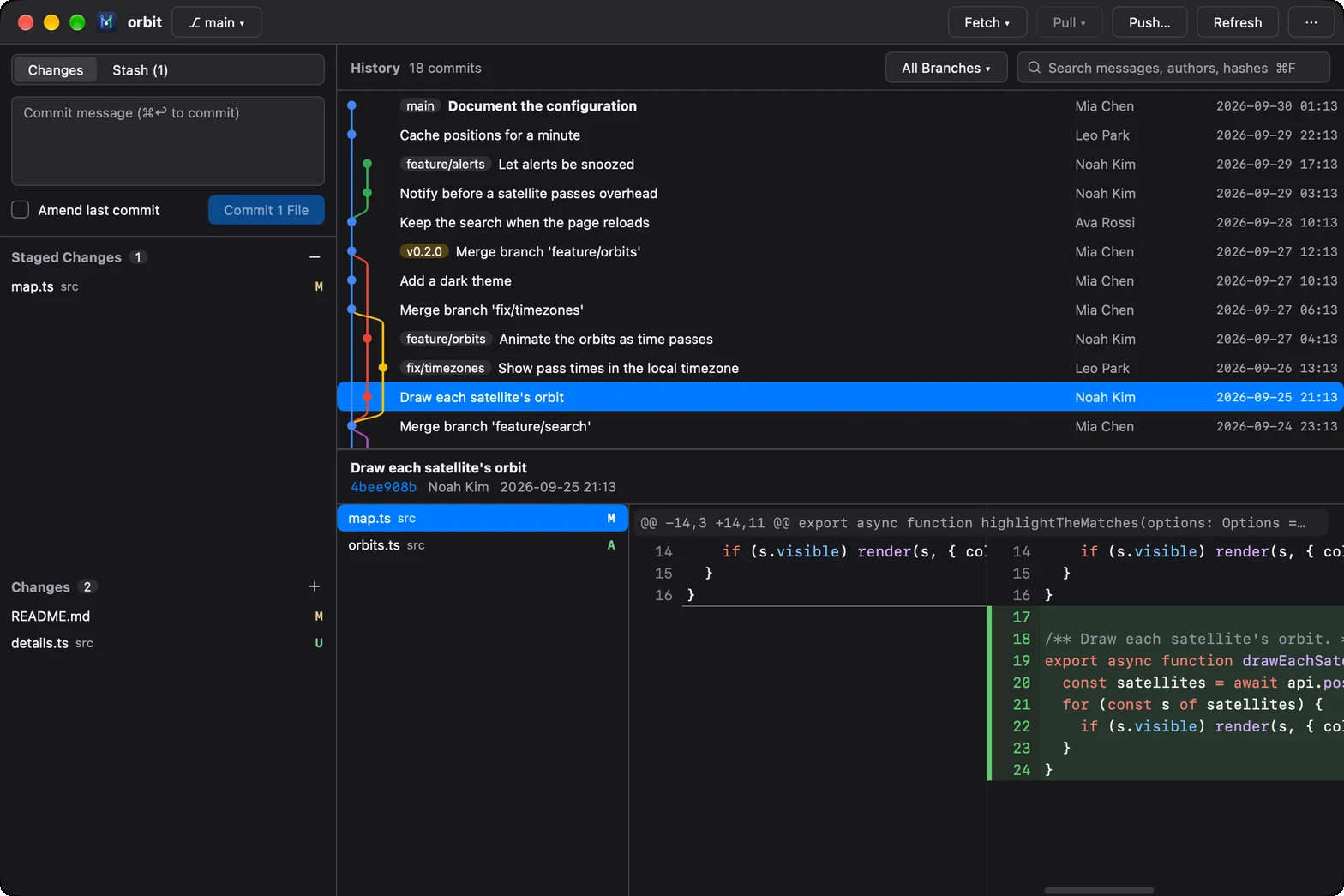 MyGit showing a repository's history, its commit graph and a commit's diff